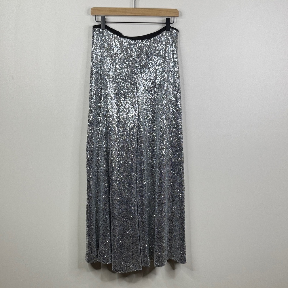 Alex Marie Natalie Silver Sequin Wide Leg Pants NWT Size 6 High Rise Party